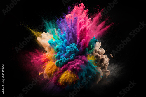 Explosion of multicolored dust on black background. Generative Ai.