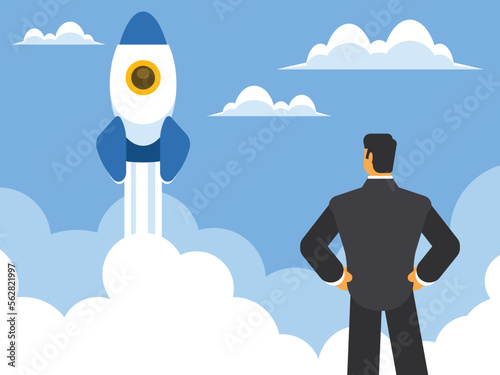 Startup. A businessman watching a rocket taking off. Man watching launch of rocket. Vector graphics