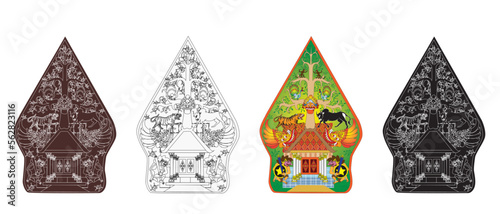 Wayang Gunungan Set Color, outline and Black vector