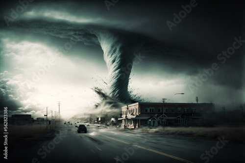 View of large tornado destroying entire city. Storm hurricane damage for house, concept Disaster nature. Generation AI