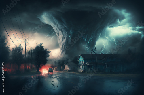 View of large tornado destroying entire city. Twister hurricane damage for house, concept Disaster nature. Generation AI