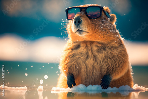 Groundhog in sunglasses on the snow. Groundhog Day. The concept of the arrival of spring. Generative AI