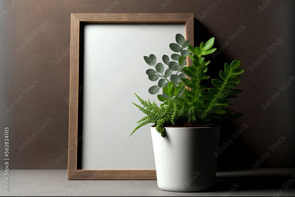 Fototapeta premium Wooden vertical frame with white blank card and green plant in concrete pot on wooden table on grey wall background, minimal loft mockup for your design, free space for text. AI generated image.