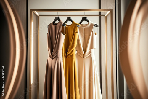 beautiful evening dresses hanging on wooden hangers at hanger stand in luxury modern store. AI generated image.