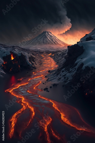 Fire and ice concept. Mountain in a distance with a lava river on a barren rocky frozen landscape stormy. Good and evil. Hot and cold.