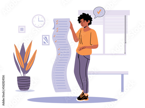 Man reading list. Young person makes to do list, sets goals. Organization of working and educational process and time management. Poster or banner for website. Cartoon flat vector illustration