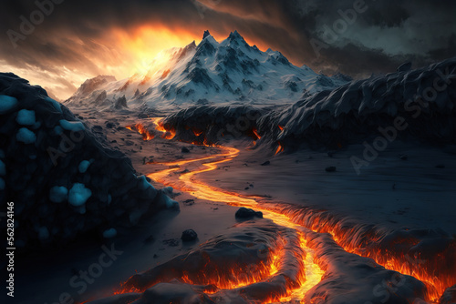 Sun rays shining behind a mountain. Lava river. Lake of lava crossing a barren frozen landscape. Fire and ice concept. Good and evil. Hot and cold.