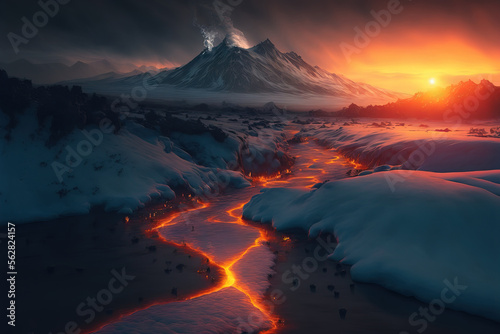 Hell landscape. Mountains and lava. Winter landscape. Fire and ice concept. Good and evil. Hot and cold.