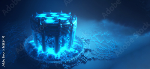 Nuclear reactor core powered with blue glow water, caused by Cherenkov radiation fuel plates uran. Generation AI photo