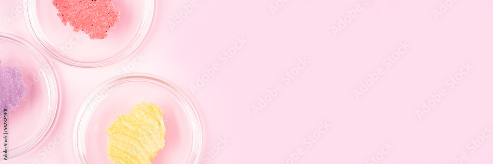 Scrub smudges in petri glass dishes over pastel pink background. Sugar body scrub smears. Long horizontal banner with copy space Scrub smudges in petri glass dishes over pastel pink background. Sugar body scrub smears. Long horizontal banner with copy space