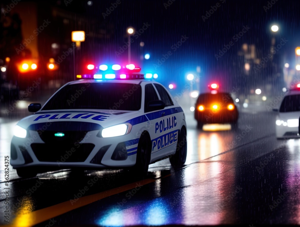Fototapeta premium Police car chasing fugitives. Action scene. Made with Generative AI. 