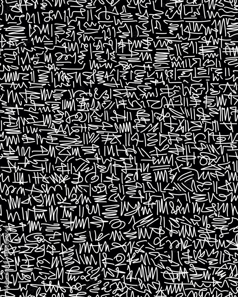 Hand-drawn doodles in white lines on a black background.Abstract drawing on a seamless background.