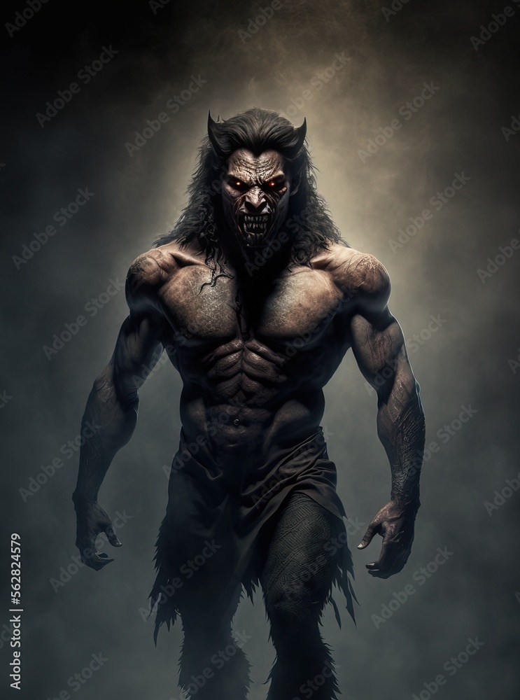 Isolated Werewolf lycanthrope. Dark misty background. Evil glowing eyes and sharp fangs. Glowing eyes. Isolated Werewolf lycanthrope. Dark misty background. Evil glowing eyes and sharp fangs. Glowing eyes.