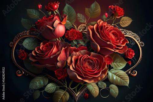 Beautiful heart with red roses and green leaves on a black background, love, St. Valentine's Day, Generative AI