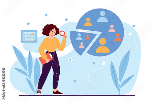 Sociological research concept. Young girl evaluates statistics and works with infographics, diagram. Marketing research, workplace specialist, analytics metaphor. Cartoon flat vector illustration