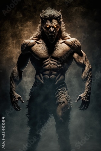 Isolated Werewolf lycanthrope. Dark misty background. Evil glowing eyes and sharp fangs. Muscular and furry wolf man.