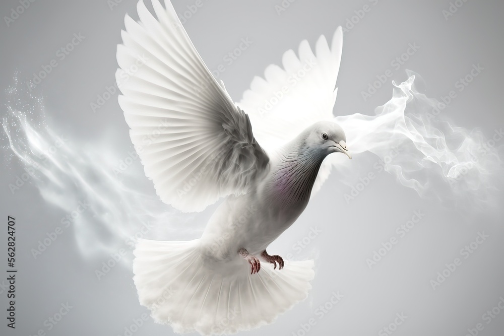 Flying white dove. Holy spirit. Fantasy angel flying bird. Stock
