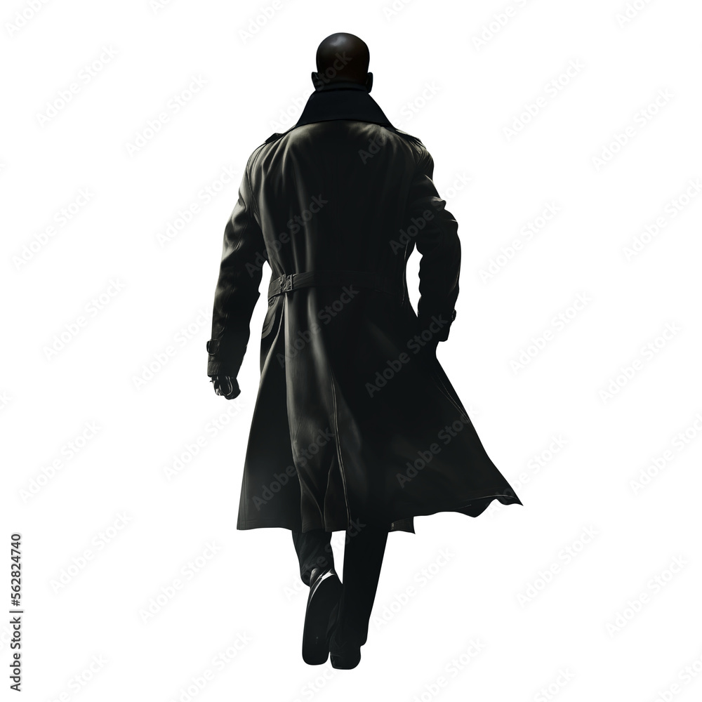 Handsome black African American man walking away. Trench coat and jeans