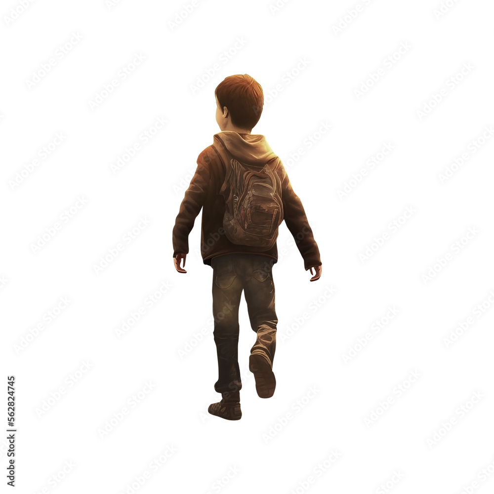 Young boy running away. Child walking away. Back view of a boy. Wearing survivor outfit. Isolated transparent background. Young boy running away. Child walking away. Back view of a boy. Wearing survivor outfit. Isolated transparent background.