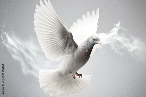 Flying white dove. Holy spirit. Fantasy angel flying bird.