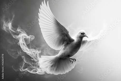 Flying white dove. Holy spirit. White smoke. Fantasy angelical bird. White Wings.