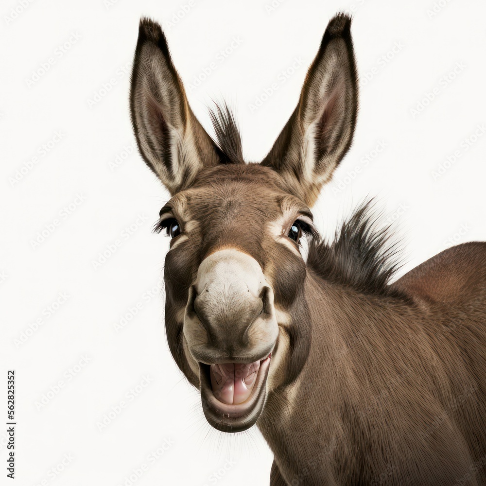Portrait of a joyful happy smiling donkey isolated on a white