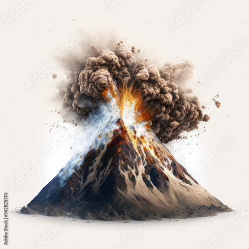 Fotografia Burning volcano erupting with smoke, isolated on a white background, generative