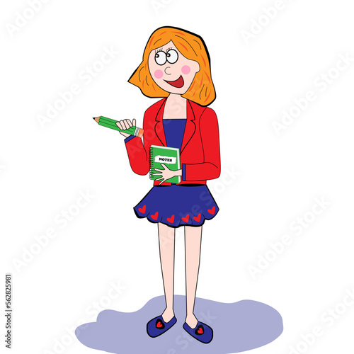 Profesora con cuaderno y lápiz.