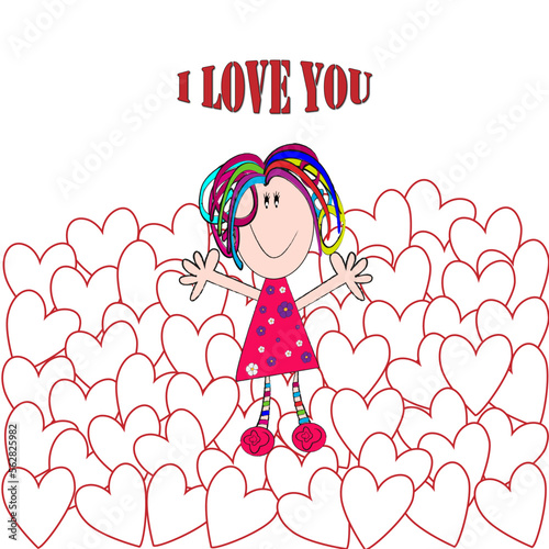Niña entre corazones y te quiero.