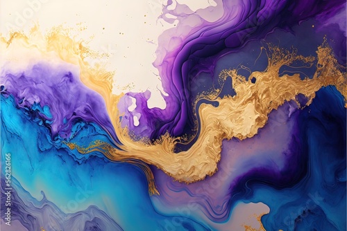 Luxurious fluid art in gold, blue and purple paint. Divorces and waves, mixing colors. Abstract liquid fluid art background.