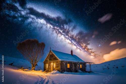 Milky Way Sky over House in Snowy Mountain - Digital Painting - Generative AI