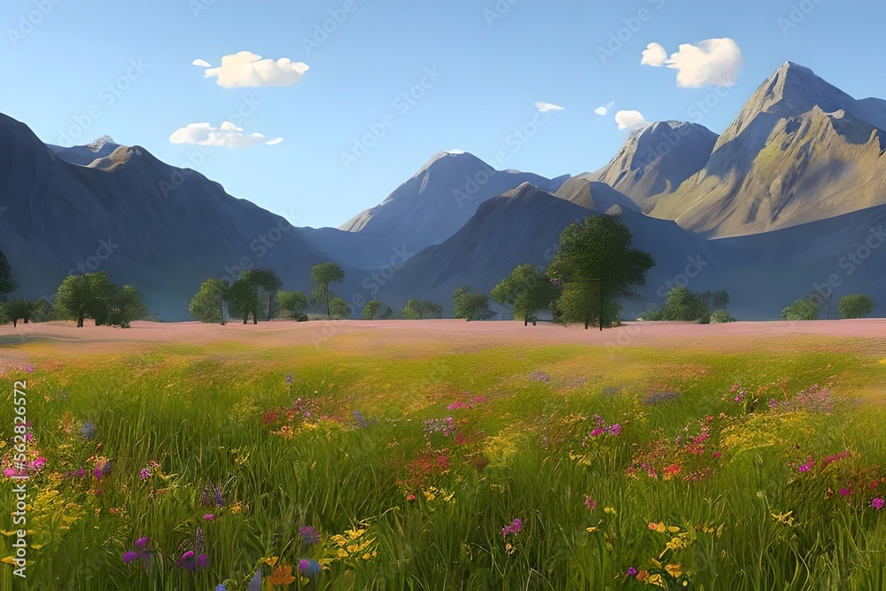 Fototapeta premium A meadow with wildflowers in spring. Generative AI