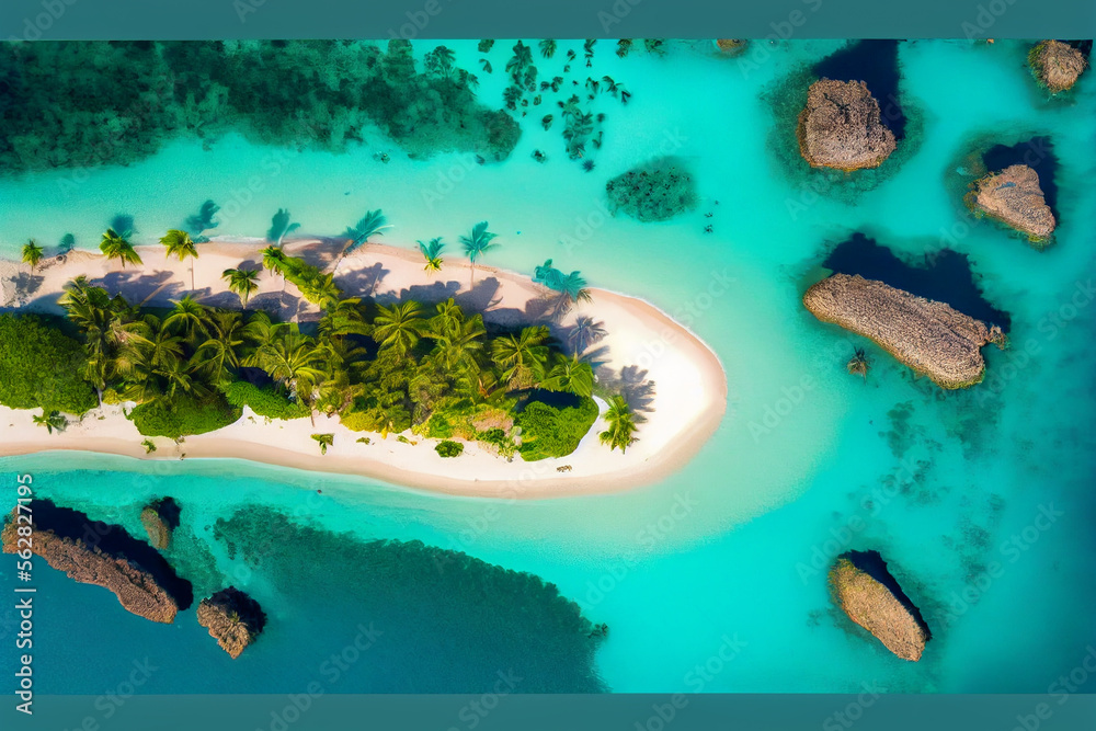 Luftaufnahme von einer kleinen Insel umgeben von türkisen Waser in der Karibik - Generative Ai