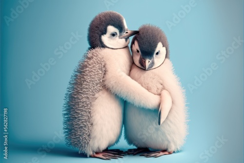 Lovey-dovey penguins in love. Cute lovers on blue background . Generative AI