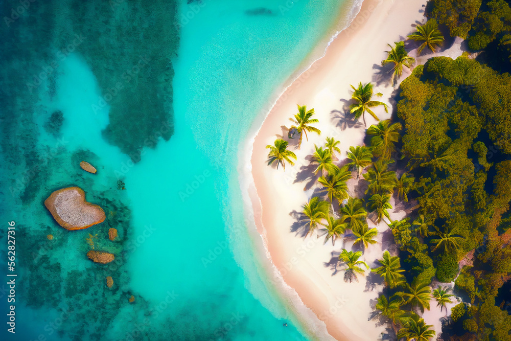 Luftaufnahme von einer kleinen Insel umgeben von türkisen Waser in der Karibik - Generative Ai