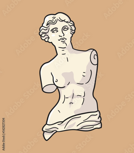 Venus de Milo ancient statue. Outline drawing of classic European women bust placed at Louvre Museum. Ancient Greek female beauty standard. Vector illustration isolated on background. 