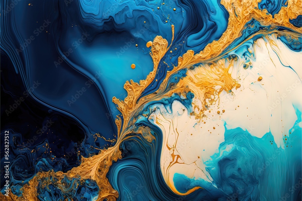 Luxurious fluid art in gold and blue paint. Divorces and waves, mixing colors. Abstract liquid fluid art background.