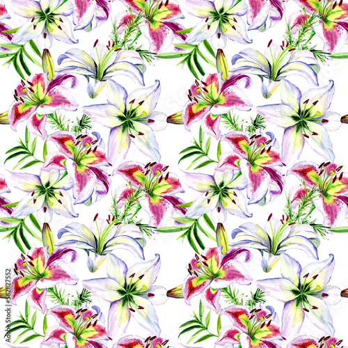 Watercolor lilies in a seamless pattern. Can be used as fabric  wallpaper  wrap.