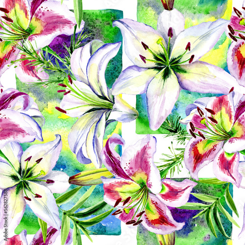 Fototapeta Naklejka Na Ścianę i Meble -  Watercolor lilies in a seamless pattern. Can be used as fabric, wallpaper, wrap.