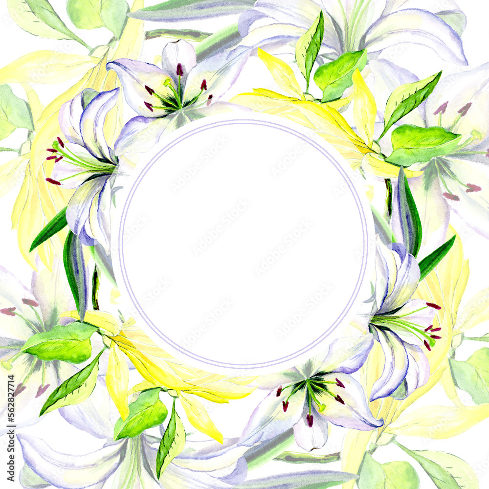 Watercolor magnolia and lily flowers in a greeting frame.