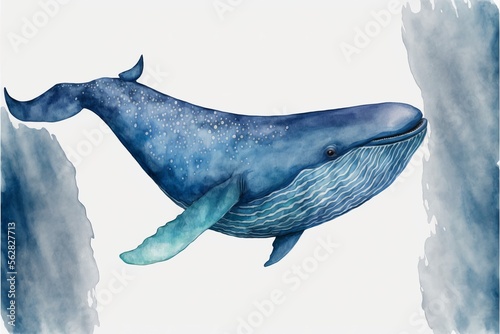 Watercolor blue whale illustration isolated on white background. Hand-painted Generative AI