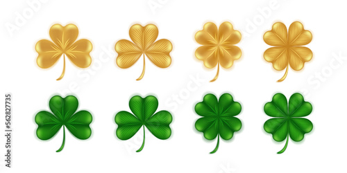 Set of clover leaves on a white background. Green and gold shamrock and quatrefoil 3D symbol of St. Patrick's Day good luck. Vector illustration.