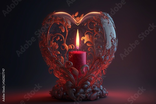 Candle burning inside a glass capsule in the form of a heart, decoration for the holiday of St. Valentine