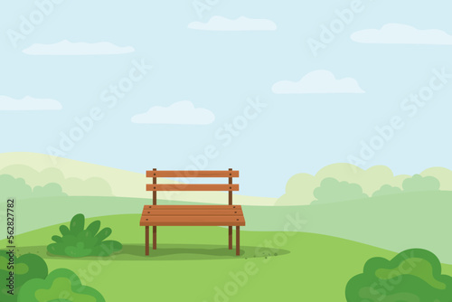 spring, summer landscape with wooden bench on the hill - vector illustration