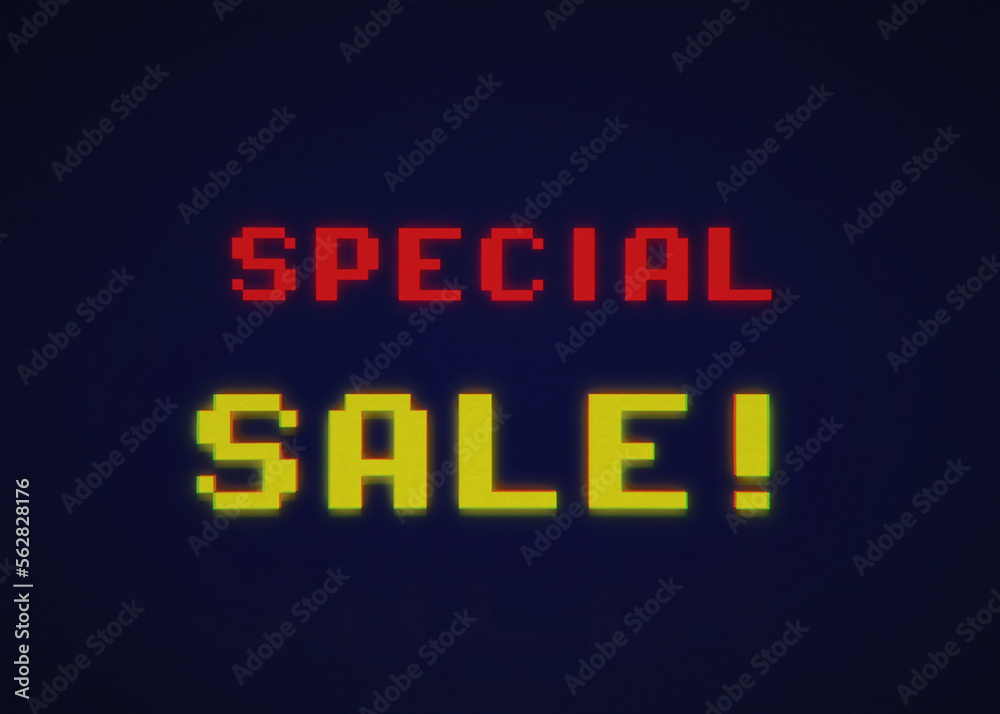 An 8-bit VHS retro videogame screen capture, with the text message Special Sale.
An 8-bit VHS retro videogame screen capture, with the text message Special Sale.