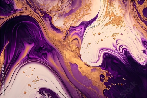 Luxurious fluid art in gold and purple paint. Divorces and waves, mixing colors. Abstract liquid fluid art background.