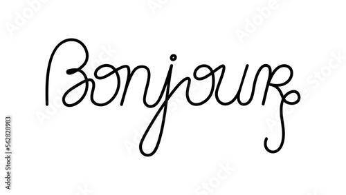 Bonjour word translated as Hello from French, handwritten inscription simple line calligraphic vector illustration, doodle phrase