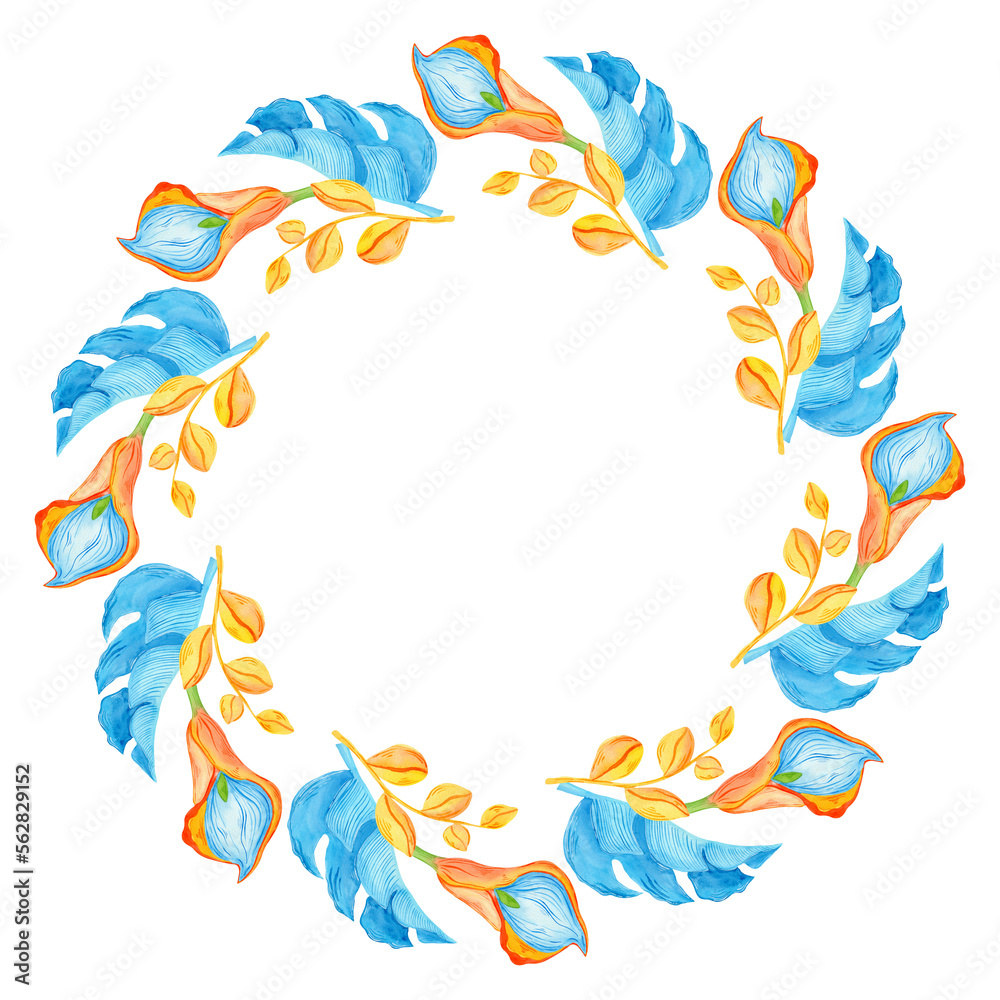 Watercolor floral wreath with tropical flowers and leaves isolated on white background. Botanical illustration.