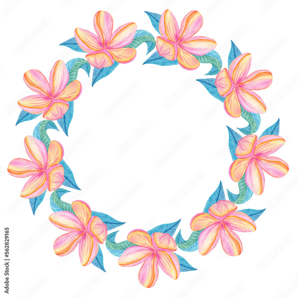 Watercolor floral wreath with tropical red flowers and leaves isolated on white background. Botanical illustration.