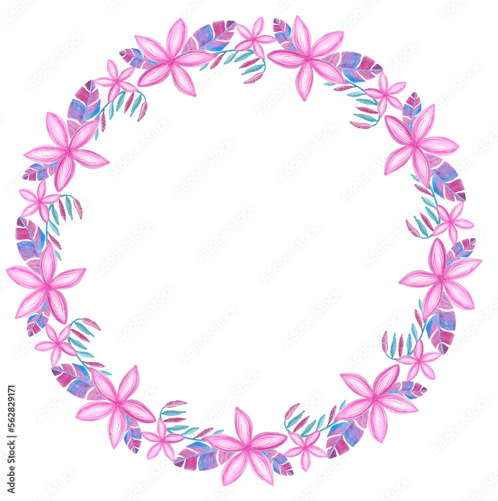 Watercolor floral wreath with tropical pink flowers and leaves isolated on white background. Botanical illustration.
